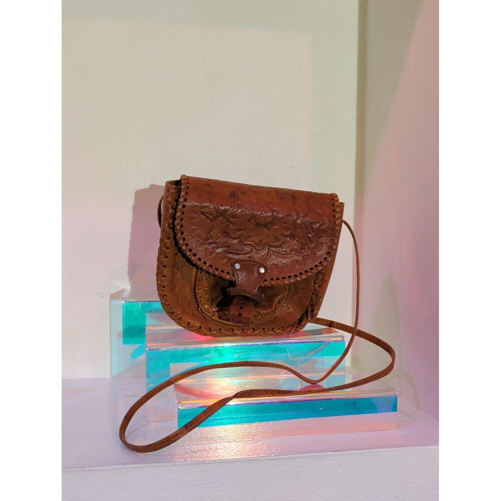 Handmade Tooled Leather Crossbody Purse Brown Floral Boho Western Bag 8x7